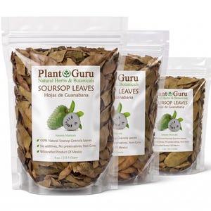 May include: Three clear, resealable plastic pouches filled with dried brown soursop leaves. Each label features the Plant Guru logo, the text Soursop Leaves, Hojas de Guanabana, Annona muricata, and an illustration of a green soursop fruit.