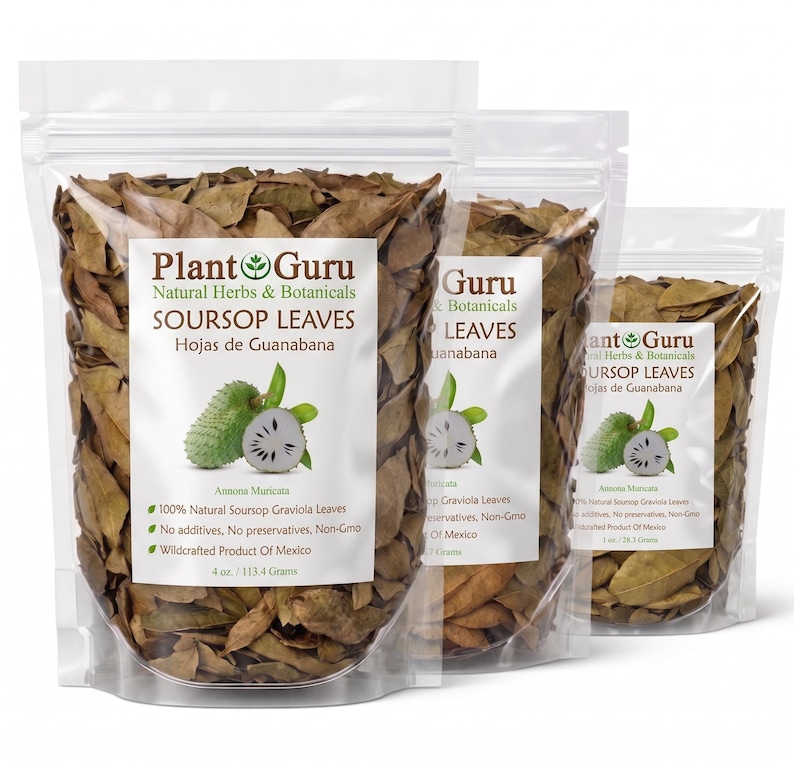 May include: Three clear, resealable plastic pouches filled with dried brown soursop leaves. Each label features the Plant Guru logo, the text Soursop Leaves, Hojas de Guanabana, Annona muricata, and an illustration of a green soursop fruit.