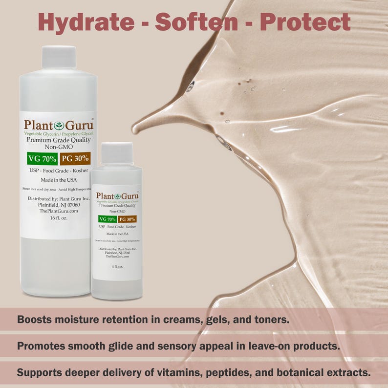 Op de afbeelding: Twee doorzichtige flessen Plant Guru Vegetable Glycerine/Propyleenglycol. De grotere fles is 473 ml. De tekst "Hydrate - Soften - Protect" staat bovenaan. De afbeelding toont ook een viskeuze, heldere substantie.