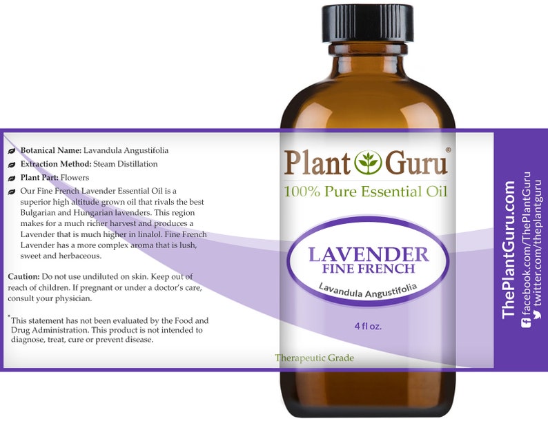 Puede incluir: Una botella de vidrio marr&oacute;n de Plant Guru Lavender Fine French 100% Pure Essential Oil. La etiqueta indica que el aceite es de 118 ml e incluye el nombre bot&aacute;nico Lavandula Angustifolia. El producto es de grado terap&eacute;utico.