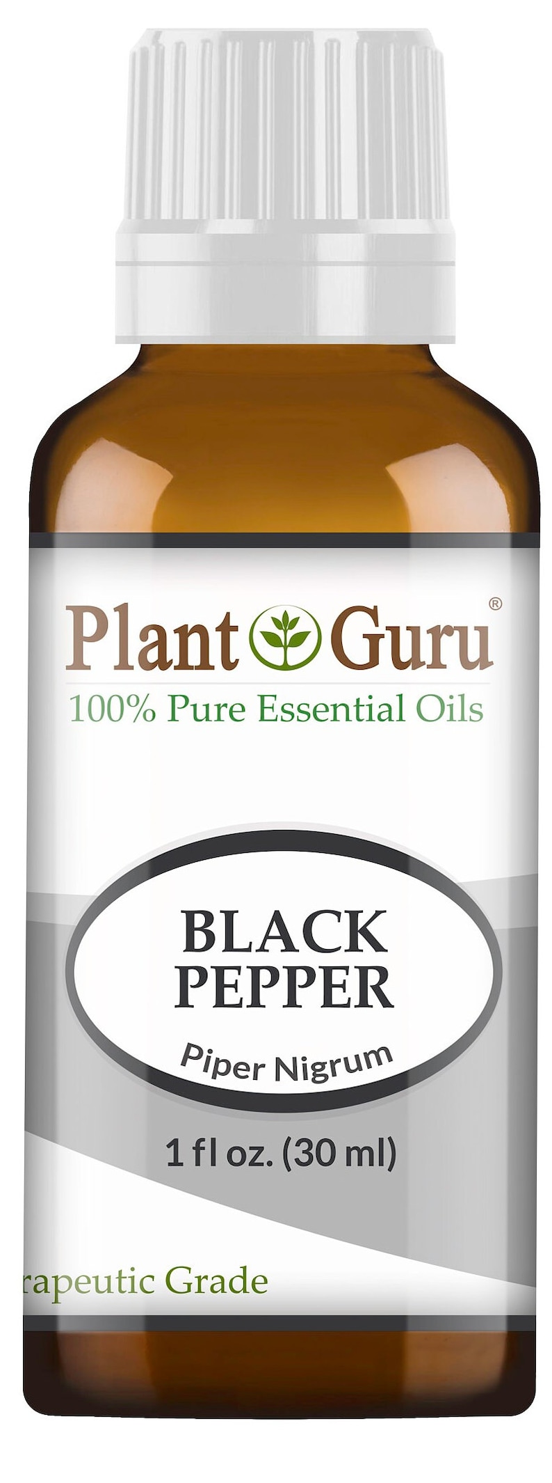May include: A brown glass bottle of Plant Guru Black Pepper essential oil. The label includes the text "BLACK PEPPER" and "Piper Nigrum". The bottle contains 1 fl oz (30 ml) of oil.