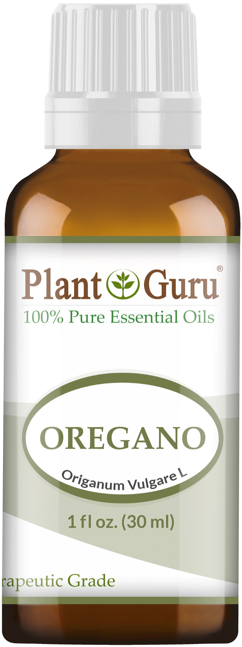 Puede incluir: Una botella de vidrio marr&oacute;n de aceite esencial de or&eacute;gano con una tapa blanca. La etiqueta dice "Plant Guru" y "100% Pure Essential Oils". La etiqueta tambi&eacute;n indica "OREGANO" y "1 fl oz. (30 ml)."