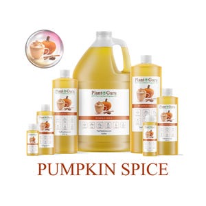 May include: Various sizes of Plant Guru Pumpkin Spice fragrance oil bottles are displayed, ranging from small to a gallon jug. The bottles are filled with a yellow liquid and feature a label with a pumpkin spice latte graphic. The text "Pumpkin Spice" is at the bottom.