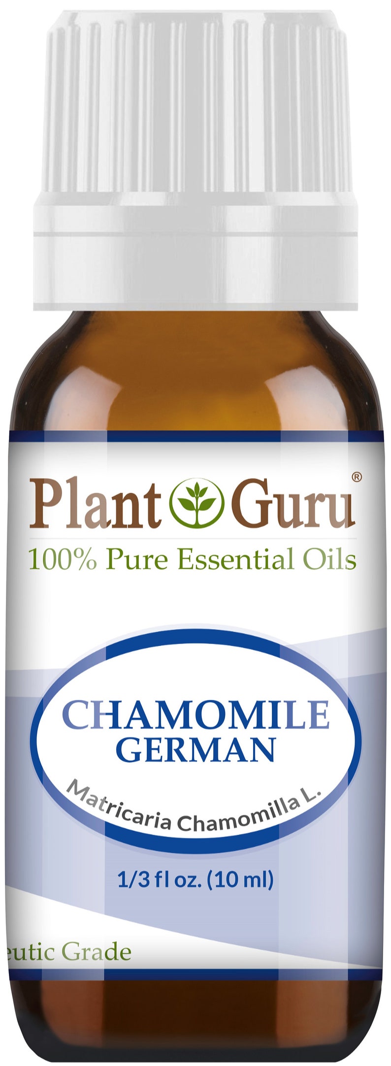 May include: A brown glass bottle of Plant Guru Chamomile German essential oil. The label includes the text "100% Pure Essential Oils" and "1/3 fl oz. (10 ml)." The bottle has a white cap.