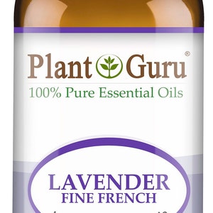 Puede incluir: Una botella de vidrio marr&oacute;n de aceite esencial Plant Guru Lavender Fine French. La etiqueta incluye el texto "100% Pure Essential Oils" y "1 fl oz. (30 ml)." La botella tiene una tapa blanca.