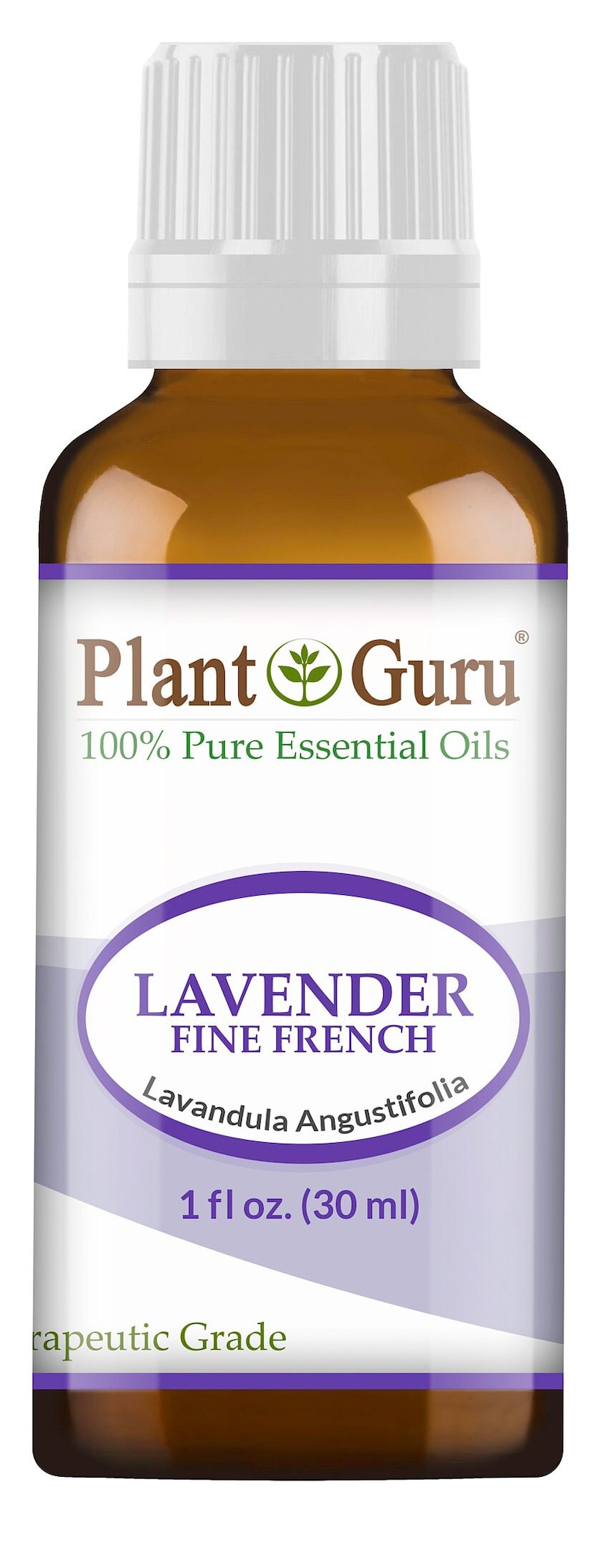 Puede incluir: Una botella de vidrio marr&oacute;n de aceite esencial Plant Guru Lavender Fine French. La etiqueta incluye el texto "100% Pure Essential Oils" y "1 fl oz. (30 ml)." La botella tiene una tapa blanca.
