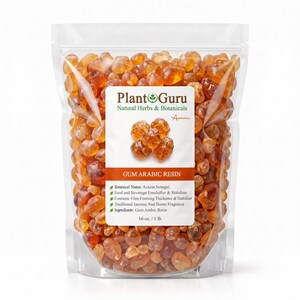 Op de afbeelding: Een doorzichtige plastic stazak gevuld met amberkleurige, doorschijnende stukjes Arabische gomhars. Het witte etiket bevat de tekst Plant Guru, Natural Herbs & Botanicals, Acacia, Gum Arabic Resin en een nettogewicht van 454 gram.