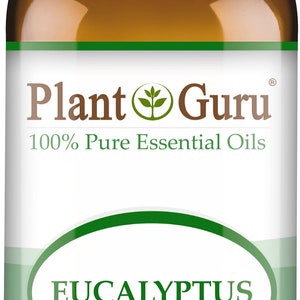 May include: A brown glass bottle of eucalyptus essential oil with a white cap. The label reads "Plant Guru" and "100% Pure Essential Oils." The bottle contains 1 fl oz (30 ml) of Eucalyptus Globules and is labeled "Therapeutic Grade."