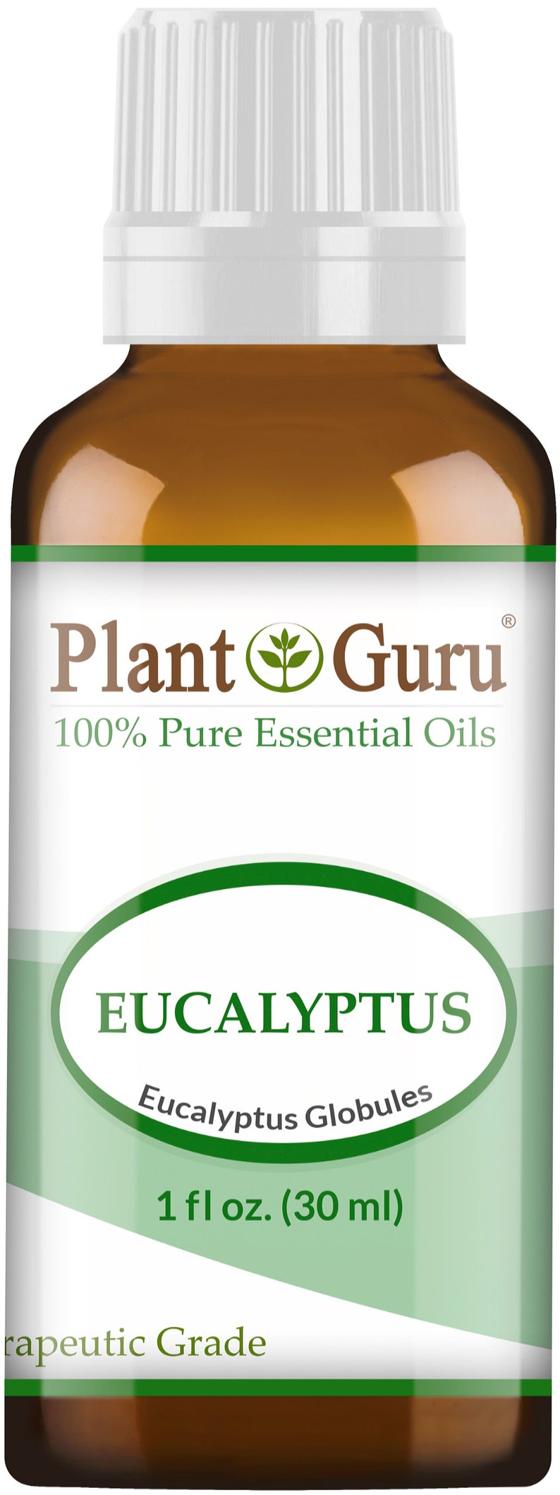 May include: A brown glass bottle of eucalyptus essential oil with a white cap. The label reads "Plant Guru" and "100% Pure Essential Oils." The bottle contains 1 fl oz (30 ml) of Eucalyptus Globules and is labeled "Therapeutic Grade."