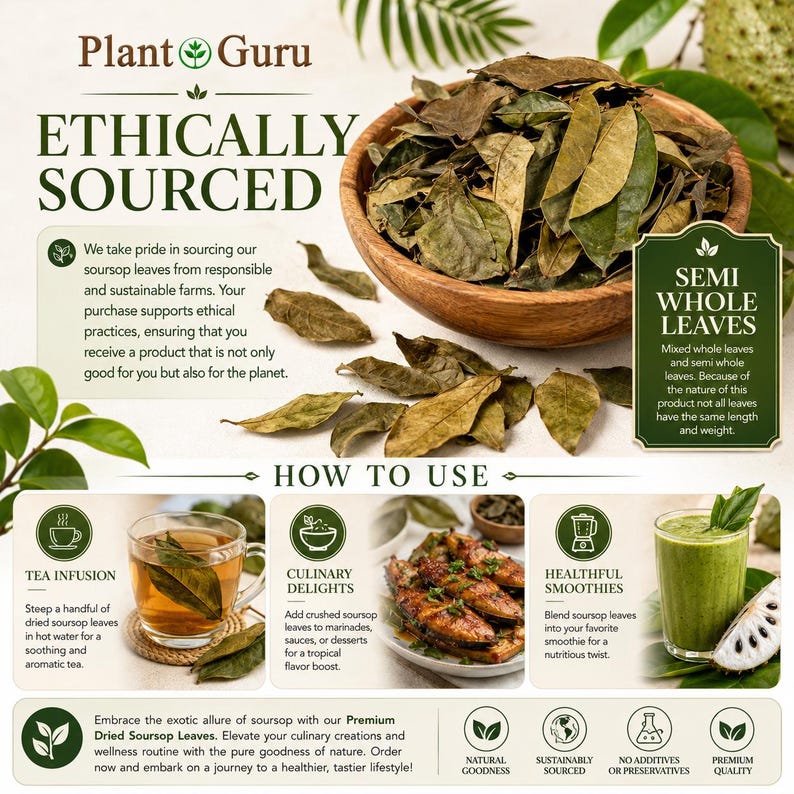 May include: A wooden bowl filled with dried soursop leaves, accompanied by text detailing ethical sourcing, usage instructions for tea, culinary dishes, and smoothies, and icons representing natural, sustainable, and additive-free quality.
