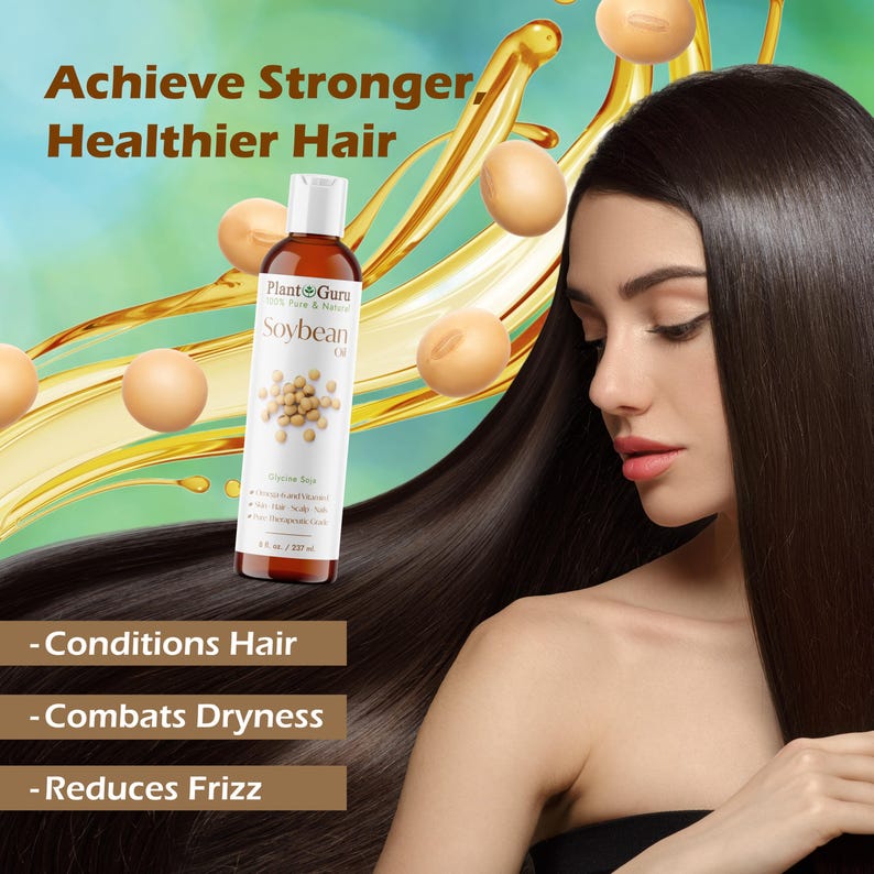 以下が含まれることがあります： 緑色のラベルに「Plant Guru Pure & Natural Soybean Oil」と書かれた茶色のガラス瓶に入った大豆油。瓶は白い表面に置かれ、背景には長い黒髪の女性がいます。画像の上部には「Achieve Stronger, Healthier Hair」というテキストがあります。瓶の下には、「Conditions Hair」、「Combats Dryness」、「Reduces Frizz」という3つの箇条書きがあります。