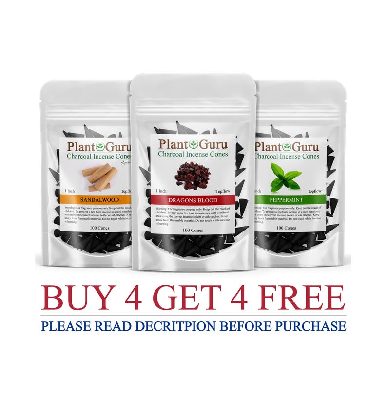 May include: Three sealed bags of Plant Guru charcoal incense cones. The bags are labelled Sandalwood, Dragons Blood, and Peppermint. Each bag contains 100 cones and is 2.54 cm in size. The text "BUY 4 GET 4 FREE" and "PLEASE READ DECRITPION BEFORE PURCHASE" are also visible.