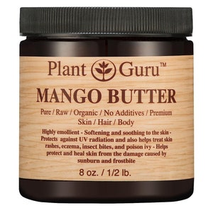 May include: A brown jar with a black lid labeled "Plant Guru&trade; Mango Butter". The jar contains a natural, organic mango butter that is pure, raw, and free of additives. It is suitable for skin, hair, and body. The jar is 8 ounces or 1/2 pound.