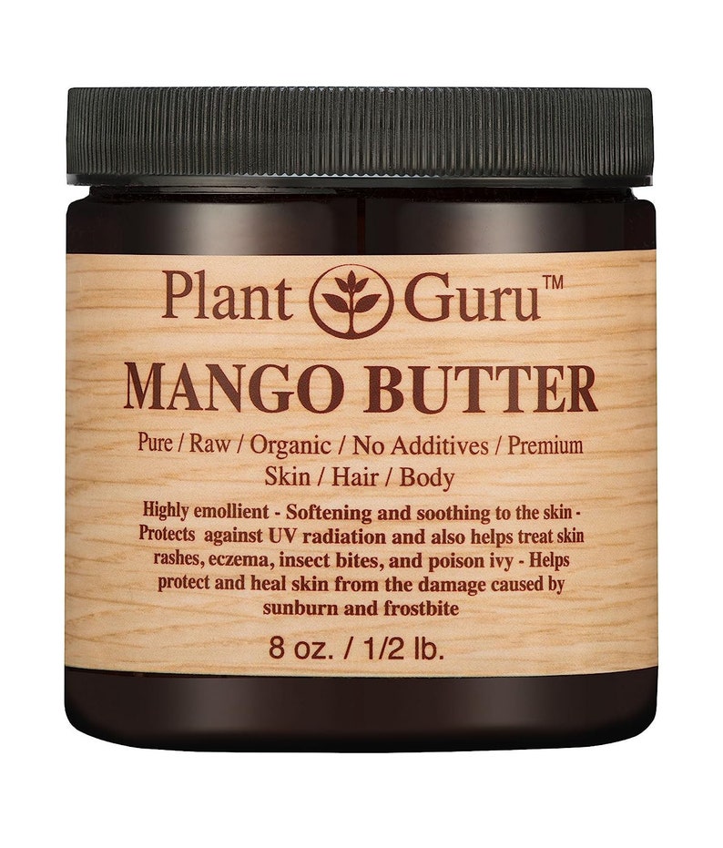 May include: A brown jar with a black lid labeled "Plant Guru&trade; Mango Butter". The jar contains a natural, organic mango butter that is pure, raw, and free of additives. It is suitable for skin, hair, and body. The jar is 8 ounces or 1/2 pound.