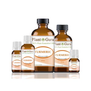 May include: A collection of amber-colored glass bottles of varying sizes, each labeled with "Plant Guru" and "TURMERIC". The labels also include "Curcuma Longa" and measurements in fluid ounces, indicating the contents are essential oils.