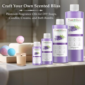 K&ouml;nnte beinhalten: Ein Bild mit Lavendel-Duft&ouml;len von Plant Guru, mit dem Text "Craft Your Own Scented Bliss". Das Bild zeigt Flaschen in verschiedenen Gr&ouml;&szlig;en, Badekugeln, eine Kerze und Seife. Die Flaschen sind mit "Lavender" beschriftet.