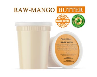 May include: Two containers of raw mango butter. One container is upright, and the other is on its side. The containers are beige with white lids. The text "RAW-MANGO BUTTER" is at the top, along with "CERTIFIED MANGO BUTTER" and "100% NATURAL PRODUCT" labels.