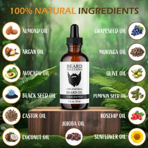 May include: A brown glass bottle of unscented beard oil with a dropper, labeled "Beard Solutions." The label features a beard graphic. The image highlights the 100% natural ingredients, including almond, argan, avocado, and black seed oils. The bottle contains 2 fl. oz. / 59 ml.