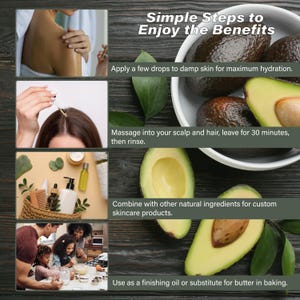 May include: Image showing steps to enjoy the benefits of avocado. The image includes text and photos demonstrating how to use avocado for skincare and cooking. The text reads: "Simple Steps to Enjoy the Benefits."