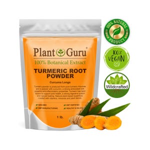 May include: A package of Plant Guru Turmeric Root Powder, a 100% botanical extract. The package is silver and orange, with text indicating it is non-GMO, vegan, and wildcrafted. The package contains 1 lb of powder, with turmeric root and leaves in the foreground.