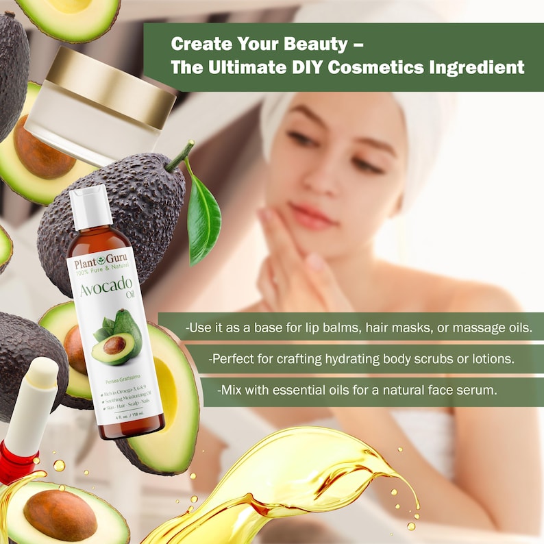 May include: An image showcasing avocado oil and related cosmetic ingredients. The image includes a bottle of avocado oil, a jar of cream, and a lip balm, along with fresh avocados. Text reads: "Create Your Beauty - The Ultimate DIY Cosmetics Ingredient."