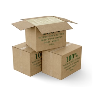 May include: Three cardboard boxes stacked on top of each other. The top box is open and the inside is filled with a white substance. All three boxes are labeled "100% Natural Shea Butter Product of Ghana Ivory/White 25 lbs."