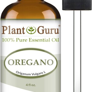 Puede incluir: Una botella de vidrio marr&oacute;n de aceite esencial de or&eacute;gano con una tapa negra y un cuentagotas separado. La etiqueta dice "Plant Guru 100% Pure Essential Oil OREGANO" y "4 fl oz.". El aceite es de grado terap&eacute;utico.