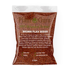 May include: A 5-pound bag of brown flax seeds. The bag is clear plastic and shows the seeds inside. The bag has a label that says "Plant Guru" and "Brown Flax Seeds". The label also says "Non-GMO", "Vegan", "Gluten Free", and "No Preservative".