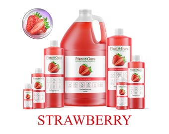 Könnte beinhalten: Eine Sammlung roter Flaschen und Behälter verschiedener Größen, beschriftet mit "Strawberry" und "Plant Guru". Das Bild enthält eine Erdbeer-Grafik und den Text "ThePlantGuru.com."