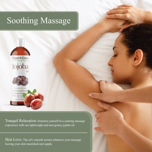 May include: An image of Plant Guru Jojoba Oil in a spa setting. A person is receiving a massage, with the text "Soothing Massage" at the top. The bottle is 473 ml.