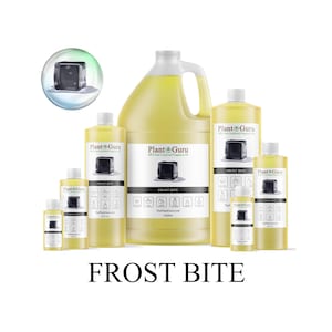 May include: Various sizes of yellow liquid bottles with white labels and black text. The labels read "Plant Guru" and "Frost Bite." A small graphic of a black cube is on each label. The text "Frost Bite" is at the bottom.