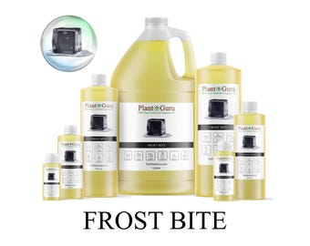 May include: Various sizes of yellow liquid bottles with white labels and black text. The labels read "Plant Guru" and "Frost Bite." A small graphic of a black cube is on each label. The text "Frost Bite" is at the bottom.