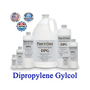 May include: A collection of white plastic bottles and jugs of varying sizes, labeled "Plant Guru DPG Dipropylene Glycol." The containers have black text and are arranged on a white background. The text "Dipropylene Gylcol" is at the bottom.