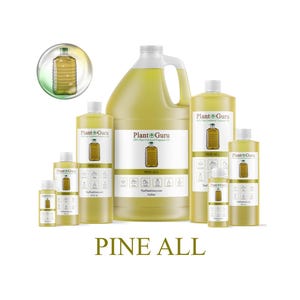 May include: A collection of various sized bottles and jugs of Plant Guru Pine All fragrance oil. The containers are filled with a light yellow liquid and have white labels. The text "Plant Guru" and "Pine All" are visible.
