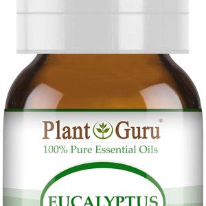 May include: A brown glass bottle of eucalyptus essential oil with a white cap. The label reads "Plant Guru 100% Pure Essential Oils" and "EUCALYPTUS Eucalyptus Globules". The bottle contains 1/6 fl oz (5ml) of therapeutic grade oil.