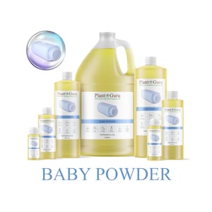 May include: Various sizes of baby powder bottles and containers are displayed, ranging from small to gallon-sized. The bottles are filled with a yellow liquid and feature a blue and white label with the text "BABY POWDER" and the brand name "Plant Guru."