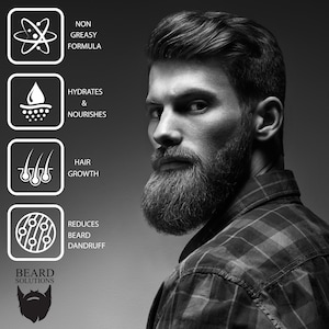May include: Black and white image of a man with a full beard and a plaid shirt. Text on the left side of the image reads "Non Greasy Formula", "Hydrates & Nourishes", "Hair Growth", and "Reduces Beard Dandruff". The brand name "Beard Solutions" is also visible.