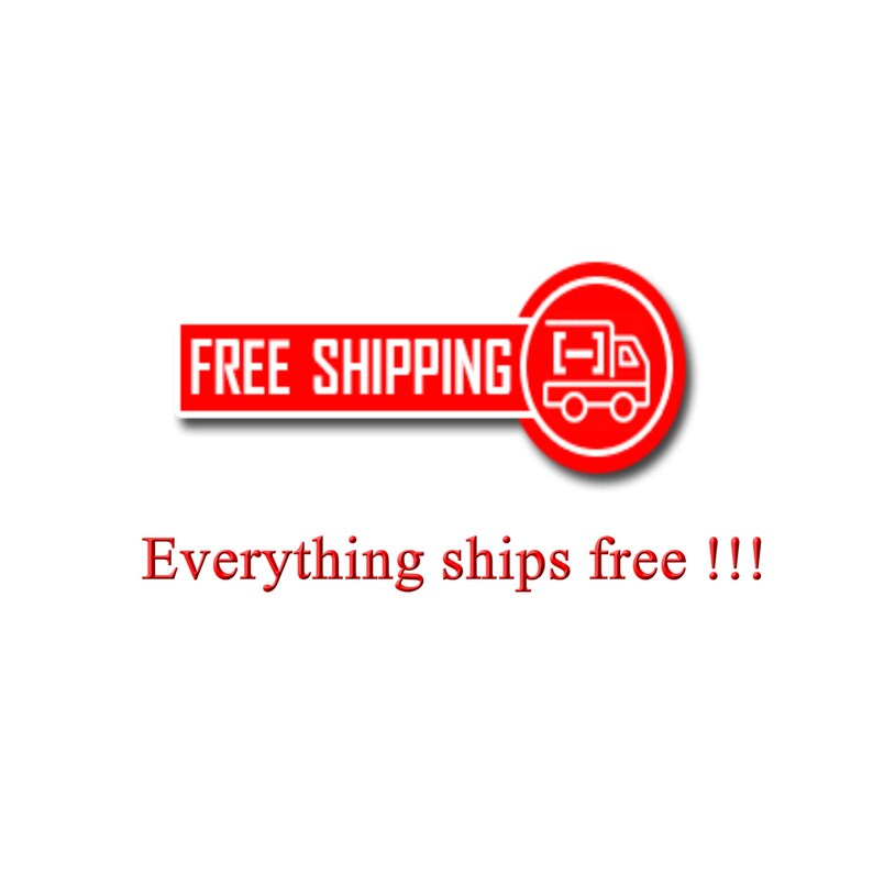 May include: A red rectangular banner with the words "FREE SHIPPING" in white text. A red circle with a white truck icon is to the right of the banner. Below, the text "Everything ships free !!!" is written in red.
