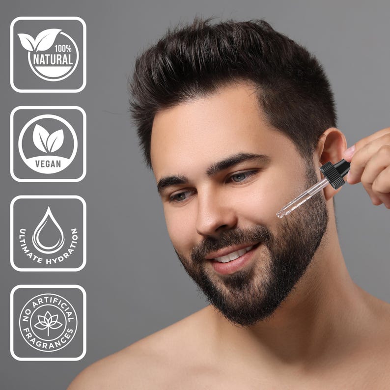 May include: A man using a dropper to apply skincare serum. The image features icons highlighting the product's natural, vegan, hydrating, and fragrance-free qualities. The background is a plain grey.
