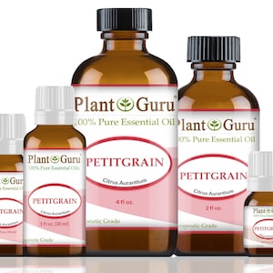 May include: Four amber glass bottles of Petitgrain essential oil, labeled "Plant Guru 100% Pure Essential Oils". The bottles are in various sizes, from 1/2 ounce to 4 ounces. The labels are red and white with green leaf logo. The bottles are arranged in a row from smallest to largest.