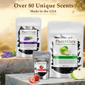 Puede incluir: Conos de incienso en varios aromas, incluyendo lavanda, fantas&iacute;a de manzana y fresa, se muestran en bolsas transparentes. La imagen incluye el texto "Over 80 Unique Scents Made in the USA."