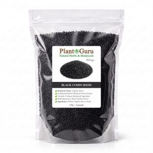 May include: A clear plastic stand-up pouch filled with black cumin seeds. The label features the text Plant Guru Natural Herbs & Botanicals, Black Cumin Seeds, Botanical Name: Nigella Sativa, and the weight specification of 3 lbs. / 3 pounds.