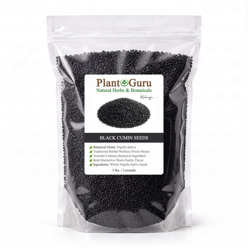 May include: A clear plastic stand-up pouch filled with black cumin seeds. The label features the text Plant Guru Natural Herbs & Botanicals, Black Cumin Seeds, Botanical Name: Nigella Sativa, and the weight specification of 3 lbs. / 3 pounds.