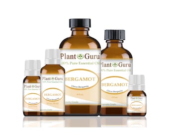 May include: An assortment of amber-colored glass bottles of bergamot essential oil, labeled "Plant Guru." The bottles vary in size, with black or white caps, and feature white labels with the product name and details. The largest bottle is labeled 4 fl oz.