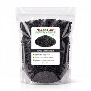 May include: A clear plastic stand-up pouch filled with black cumin seeds. The label features the text Plant Guru, Natural Herbs & Botanicals, Kalonji, Black Cumin Seeds, Botanical Name: Nigella Sativa, and the weight 16 oz. / 1 lb.