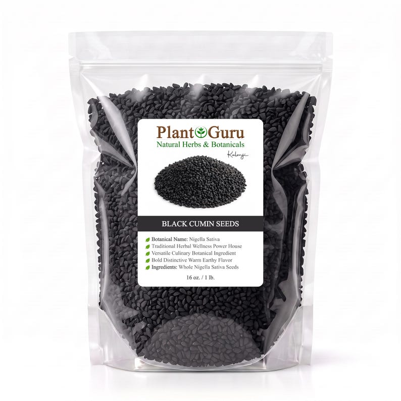 May include: A clear plastic stand-up pouch filled with black cumin seeds. The label features the text Plant Guru, Natural Herbs & Botanicals, Kalonji, Black Cumin Seeds, Botanical Name: Nigella Sativa, and the weight 16 oz. / 1 lb.