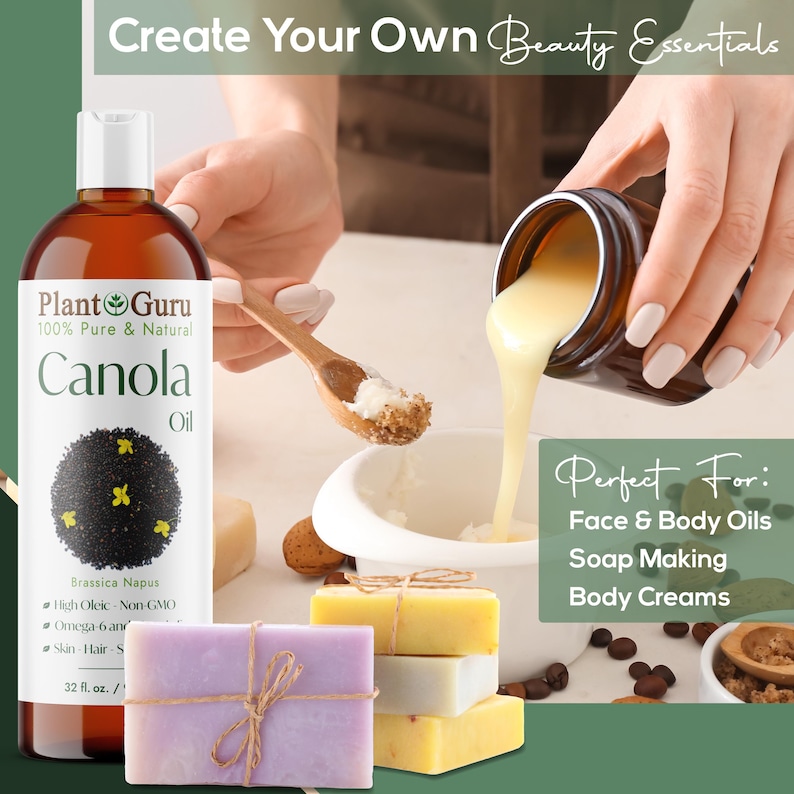 May include: Image featuring beauty essentials. A bottle of canola oil, bars of soap, and ingredients being mixed. Text reads "Create Your Own Beauty Essentials" and "Perfect For: Face & Body Oils, Soap Making, Body Creams."