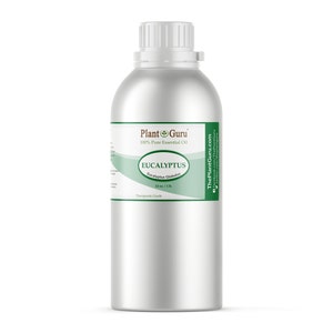 May include: A large, silver metal bottle of eucalyptus essential oil. The label reads "Plant Guru 100% Pure Essential Oil" and features the word "EUCALYPTUS" in a green oval. The bottle contains 16 fl oz / 1 lb of oil.