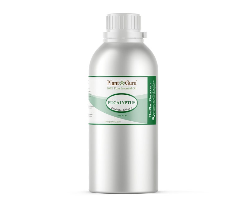 May include: A large, silver metal bottle of eucalyptus essential oil. The label reads "Plant Guru 100% Pure Essential Oil" and features the word "EUCALYPTUS" in a green oval. The bottle contains 16 fl oz / 1 lb of oil.