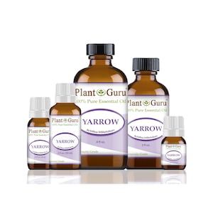 May include: A collection of amber glass bottles of varying sizes, each with a black cap and a white label. The labels read "YARROW" and "Plant Guru 100% Pure Essential Oil". The largest bottle is 4 fl oz.